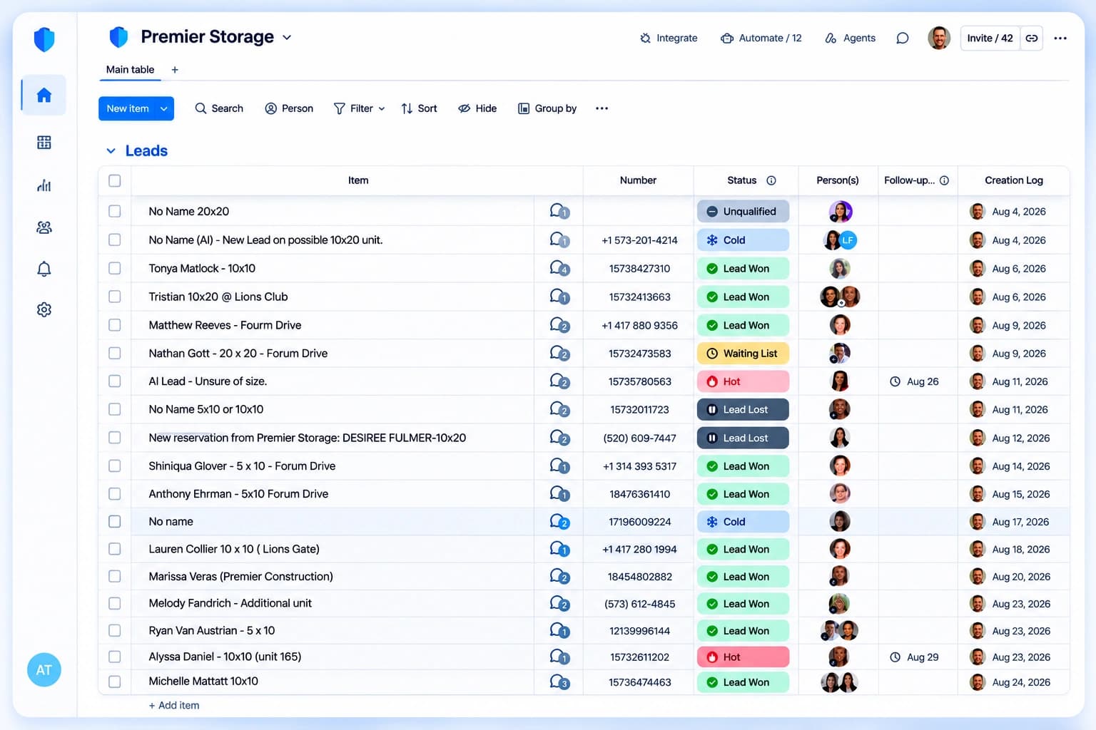 A lead-tracking board for a storage facility, listing rental enquiries with the unit size requested, a contact number, and a status for each one — lead won, hot, cold, waiting list or lost — alongside the date each was logged.