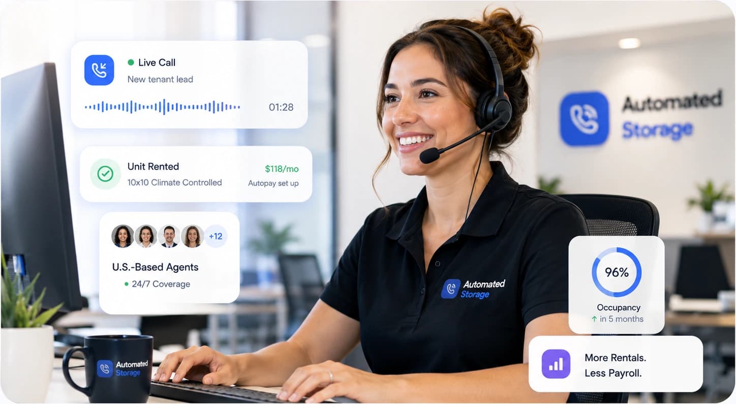 An Automated Storage agent wearing a headset takes a rental call, alongside cards showing a live call in progress, a 10x10 climate-controlled unit rented at $118 a month, and 96% occupancy reached in five months.